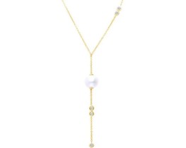 9K YELLOW GOLD 0.15ct FVS LAB DIAMOND FW PEARL NECKLACE 40-45cm