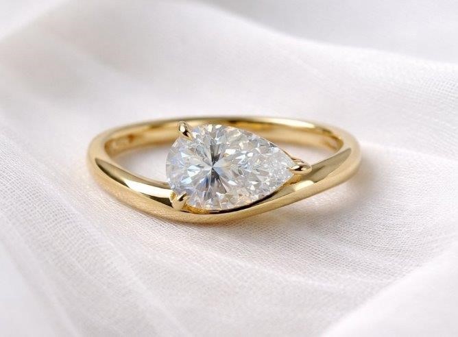 3ct Pear Cut Moissanite Wave Ring 18K Gold on Solid Sterling Silver