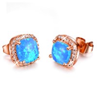 Stunning Square Simulated Blue Opal Bridal Stud Earrings in Rose