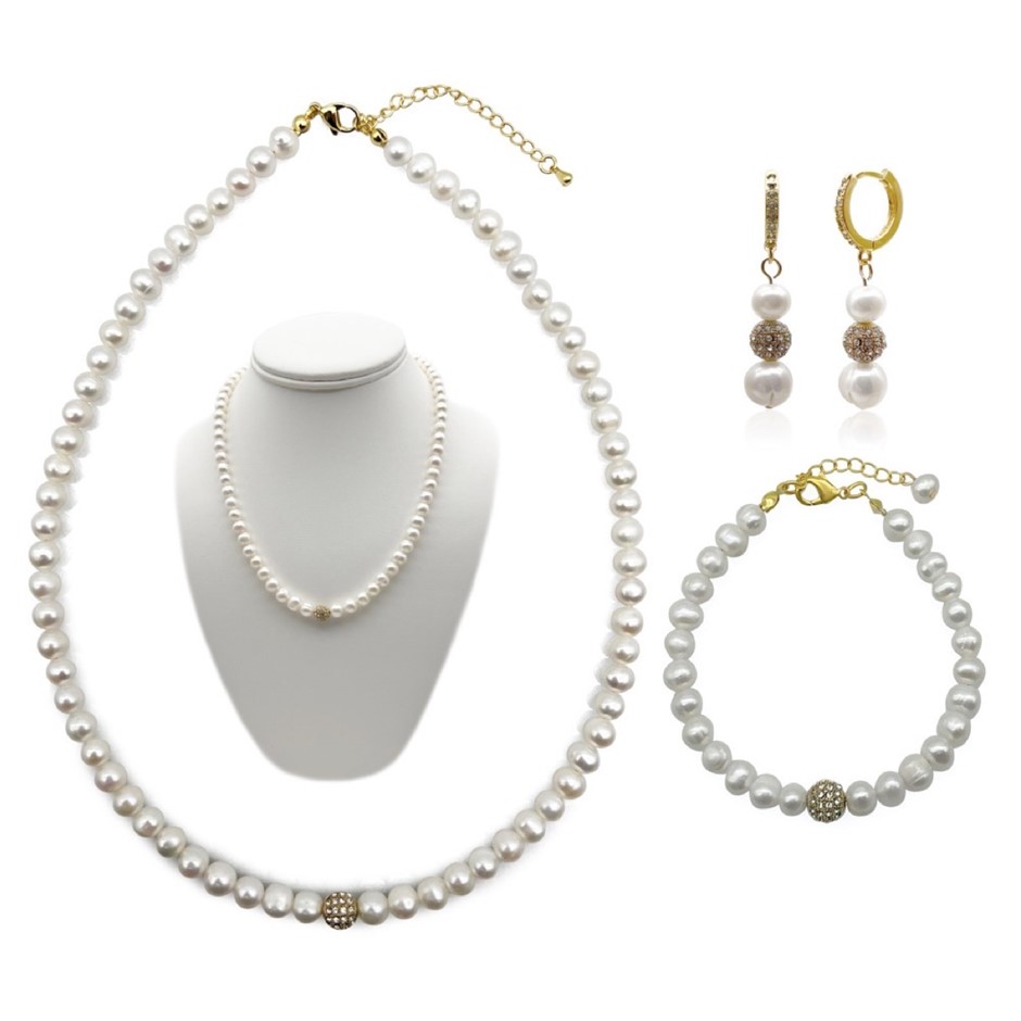 7-8mm White Pearl Real 18k Gold Plated Jewellery Set