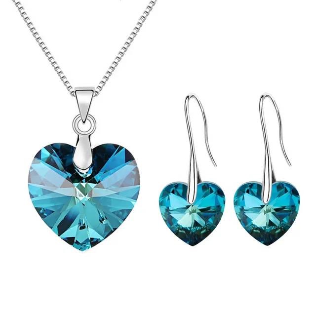 Designer Blue Love Heart Necklace & Earring Set in Silver