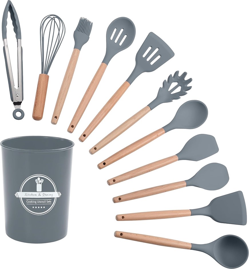 HOMESOFT 12-Piece Kitchen Cookware Utensil Set, Silicone and Wood, Dark Gre