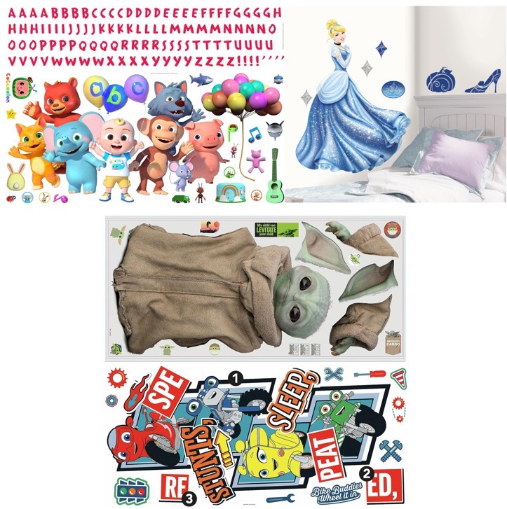6 x ROOM MATES Stick Wall Decals Including 4 x Cocomelon, 1 x Cinderella, 1