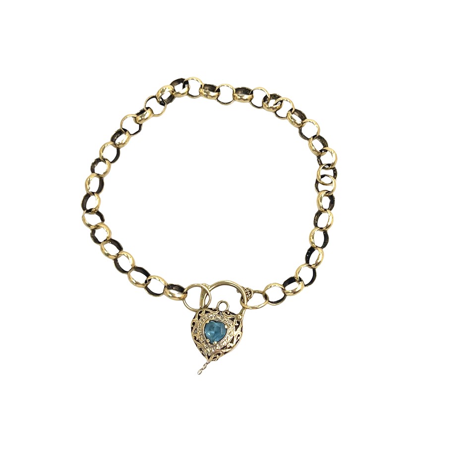 9ct Yellow Gold Belcher Link Bracelet With Heart Locket & Safety Chain