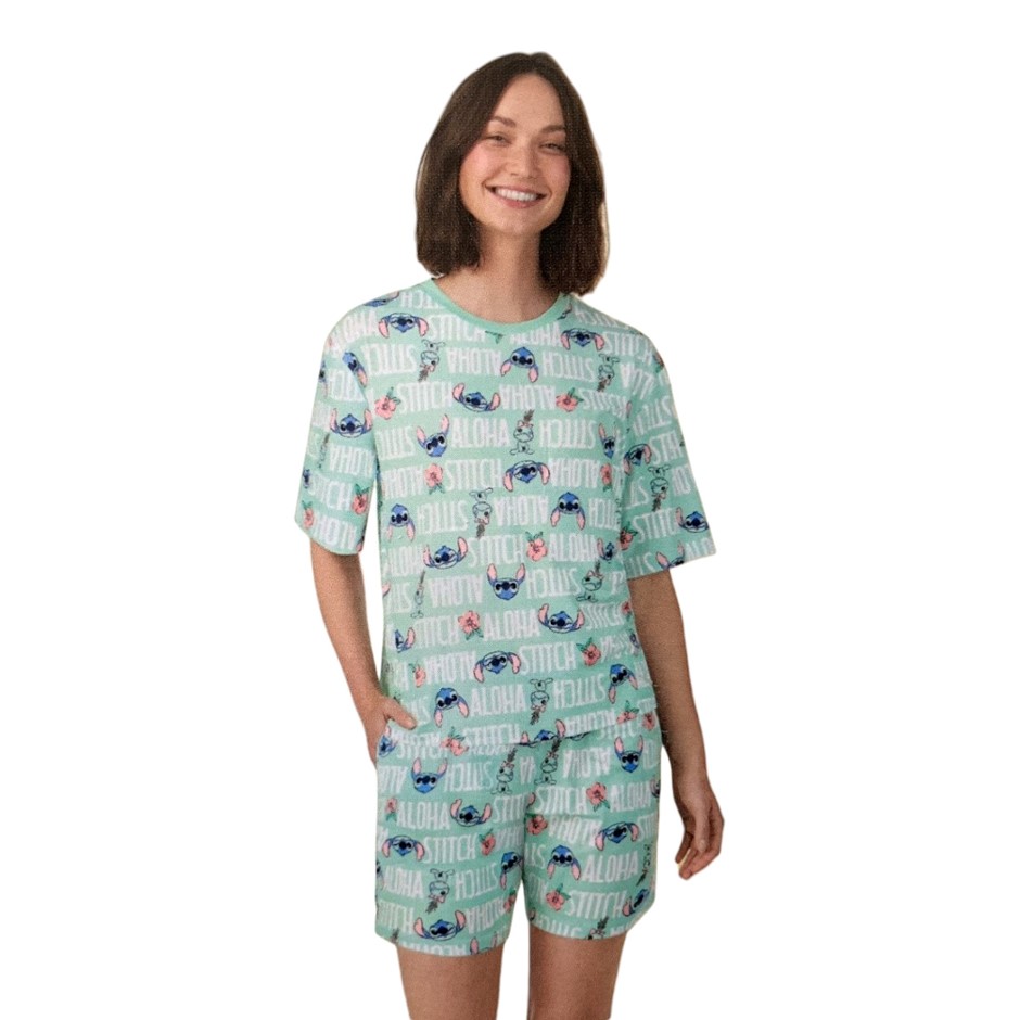 DISNEY Women's Character PJ Set, Size L, Stitch/Green.