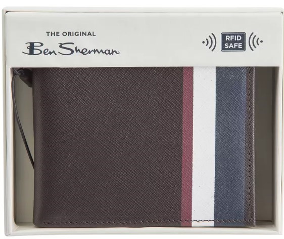 BEN SHERMAN Men's Wallet, Brown. NB: minor mark on front white strip.