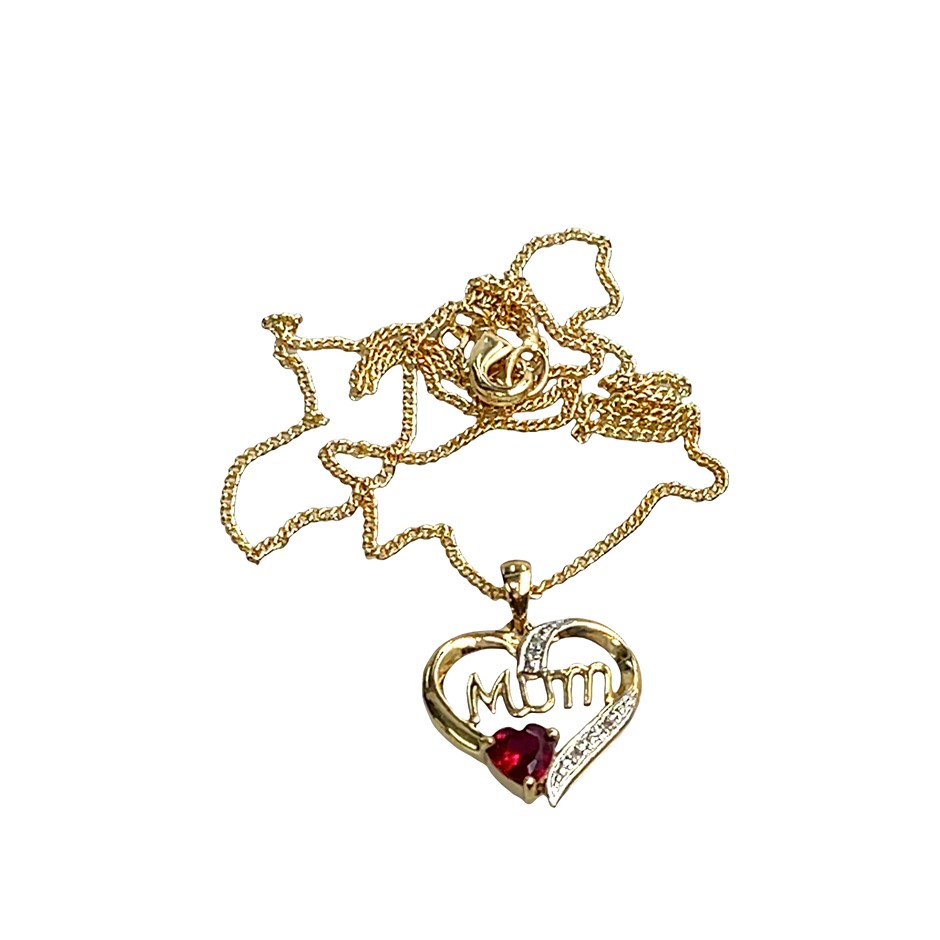 9ct Yellow Gold "MUM" Diamond & Synthetic Ruby Pendant & Gold Plated Chain