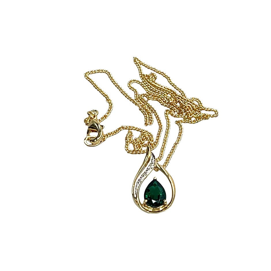 9ct Yellow Gold Diamond Synthetic Emerald Pendant & Gold Plate Chain