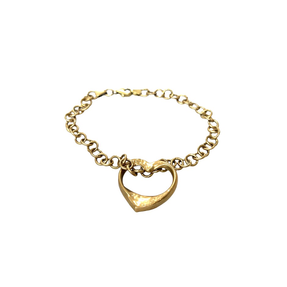 9ct Yellow Gold Belcher Link Bracelet with Heart Charm & Lobster Clasp