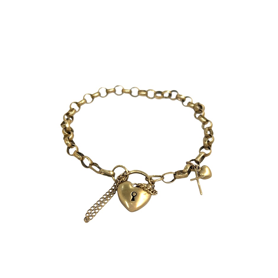 9ct Yellow Gold Belcher Link Bracelet with Heart Locket 2 charms