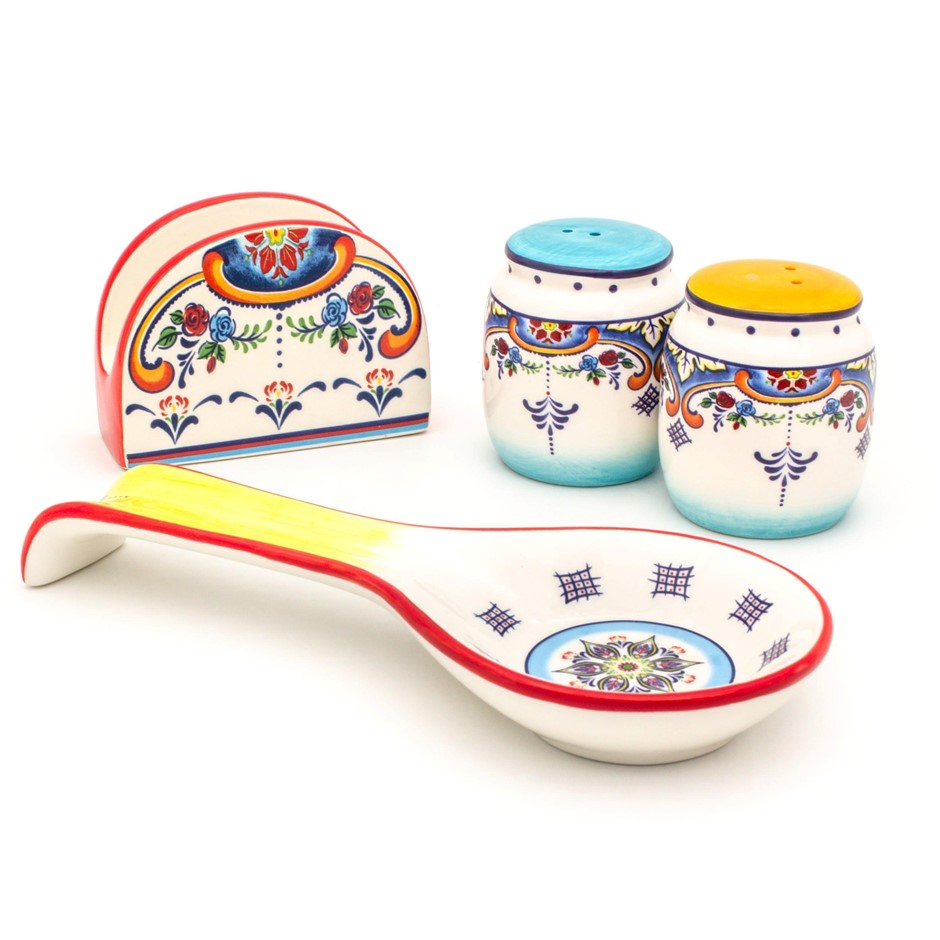 EURO CERAMICA Zanzibar Collection, 4 Piece Accessory Set, Spanish Floral De