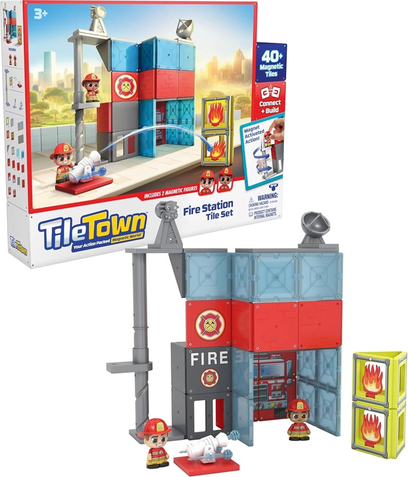TILE TOWN Fire House Magnetic Tiles Construction Building Playset + Figures