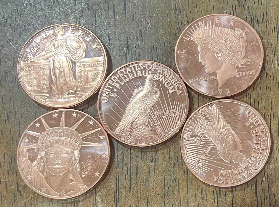 5 x 1 ounce copper coins unc