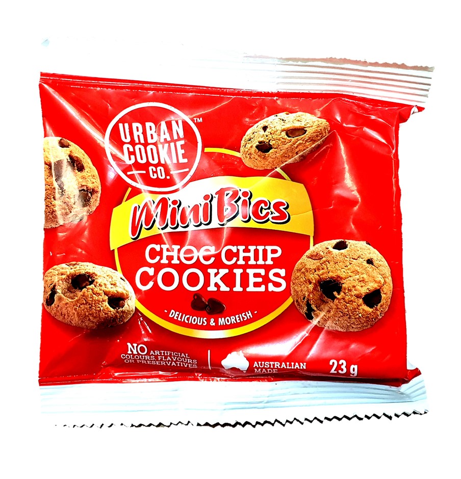 70 x URBAN COOKIE Mini Bics Choc Chip Cookies, Single Serve, 23g Each.