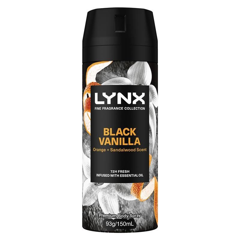 8 x LYNX Black Vanilla Premium Body Spray, Orange + Sandalwood Scent, 93g/1