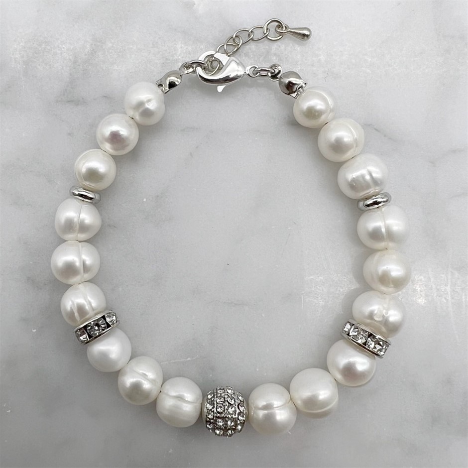 8-9mm White Pearl with Rhinestones & CZ Rhodium Plated Bracelet