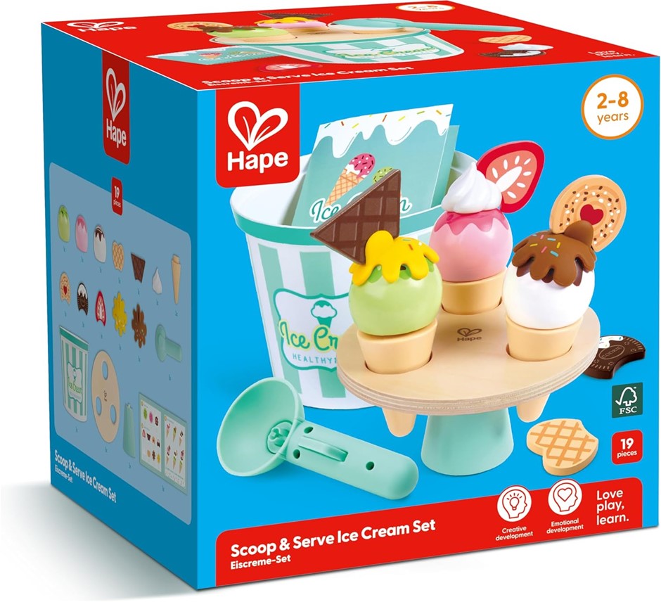 HAPE Scoop & Serve Ice Cream Set, Wooden Pretend Play Toy with Rotating Dis