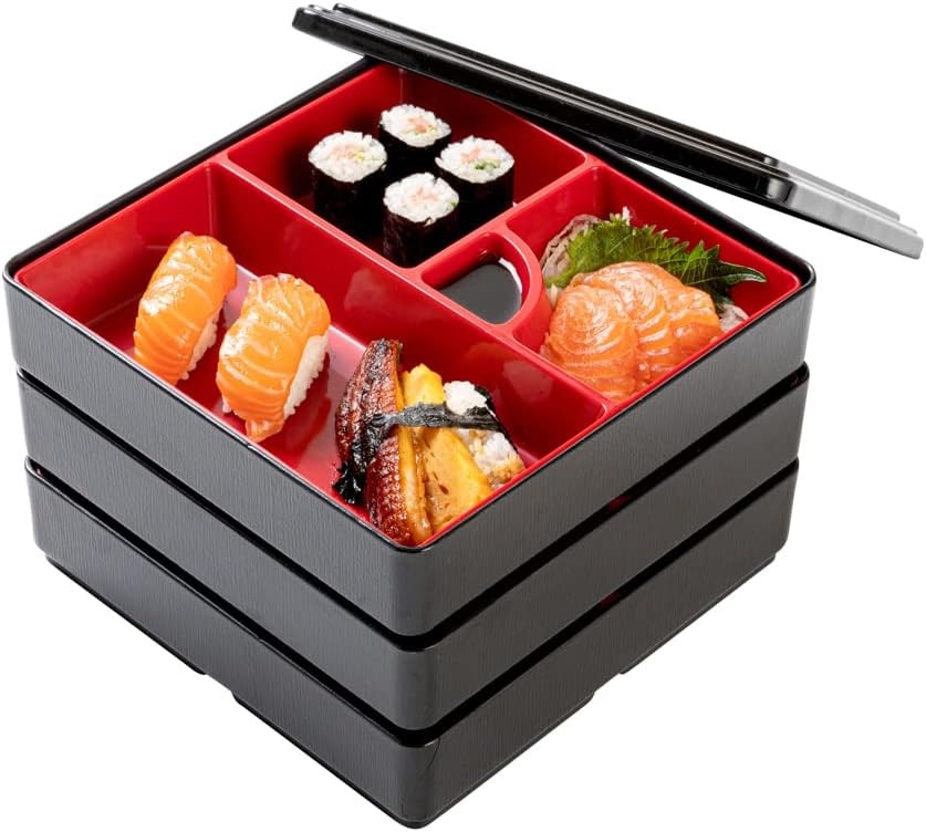 Restaurantware Bento Tek Square Black & Red Japanese Style Bento Box. NB: d