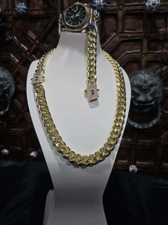 3pcs x 18K/Italy Stamped Yellow Gold Filled Chain & Bracelet & Watch-