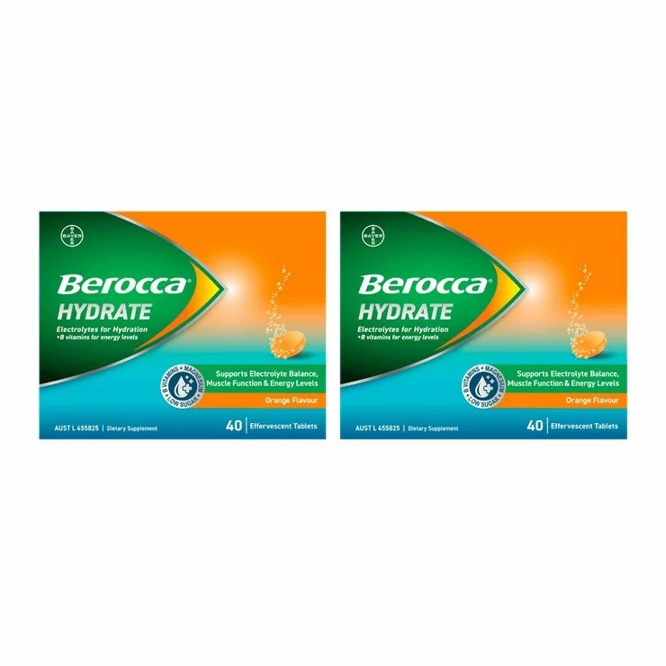 2 x Pack of 40pc BEROCCA Hydrate Effervescent Tablets, Orange Flavour. NB: