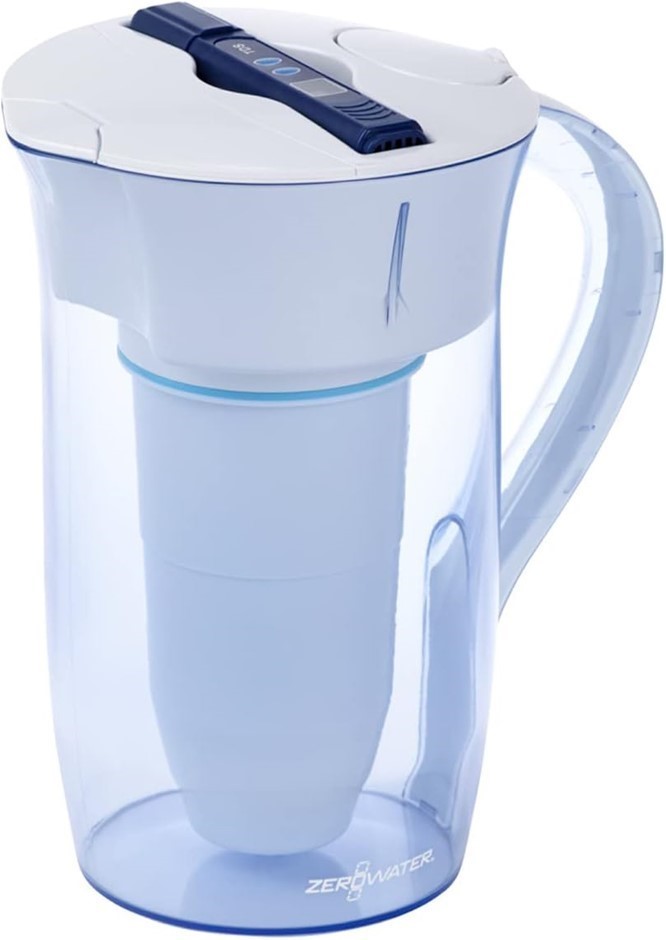 ZERO WATER 10 Cup Round Water Filter Pitcher, White and Blue.