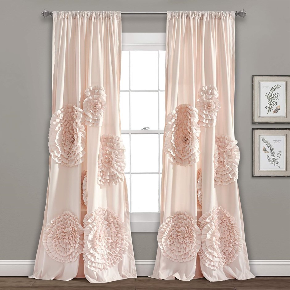 LUSH DECOR Serena Window Curtain Panel Ruffled Floral Vintage Chic Farmhous