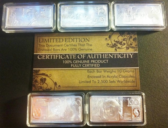 5 x 10g AU NEW NOTE SERIES Ingots Finished in 999.0 Silver