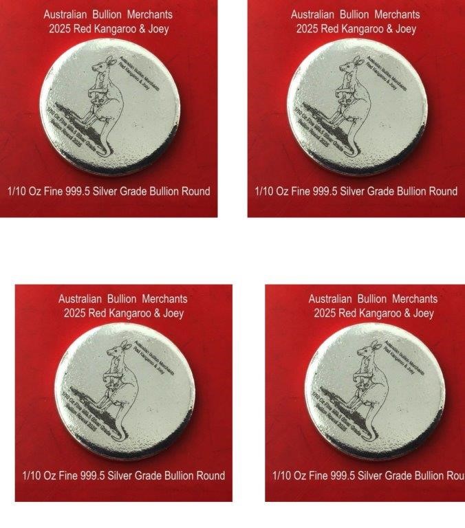 1/10 Oz 999.5 Silver Red Kangaroo & Joey 2025 AU Bullion Round x 4