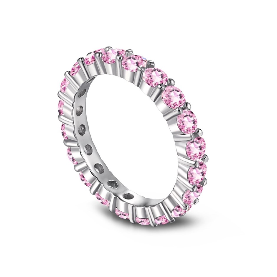 3mm 925 Sterling Silver Pink Simulated Diamonds Band Ring - Size 8
