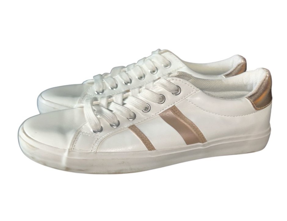 Women's White Sneakers with Rose Gold Design - Size US 8