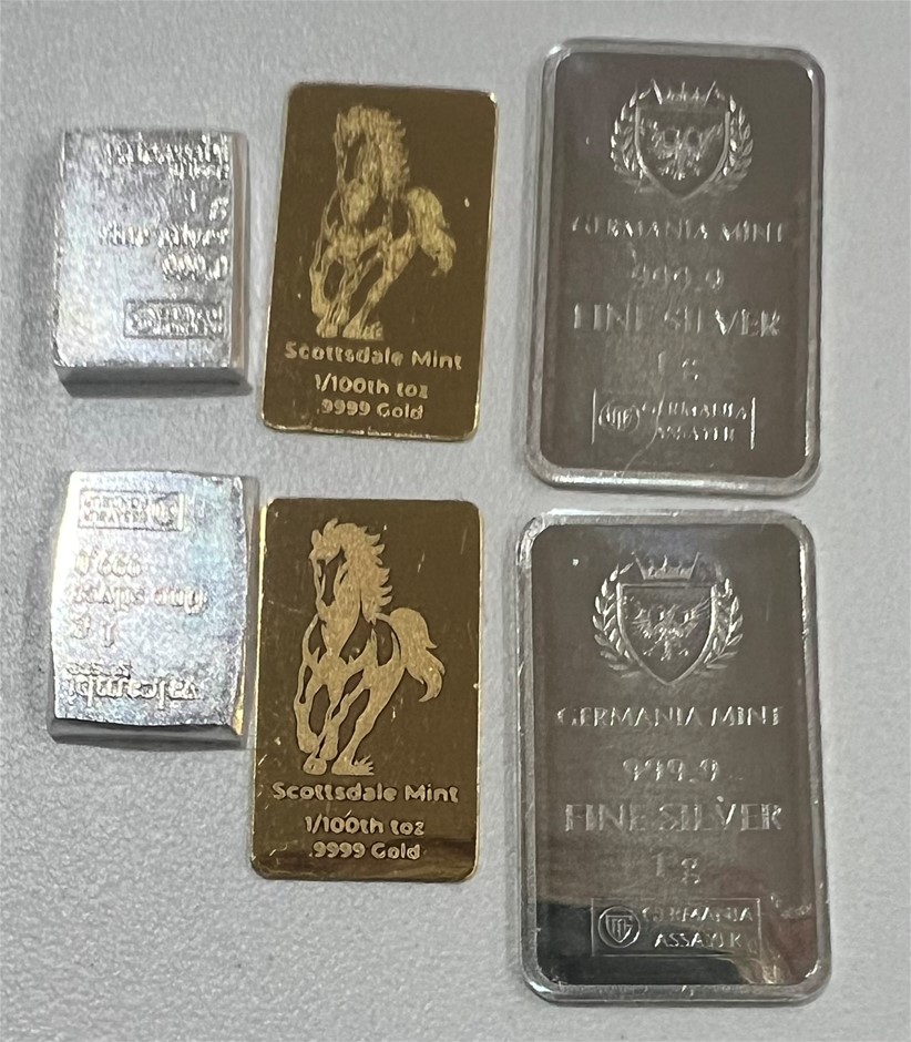 1/100 Scottdale gold bar x 2, 1 Gram Valcumbi & 1Germania Silver bar x 2