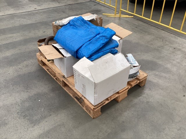 <p>Pallet Containing Hand Winches And Dust Masks, Blue Tarp</p>