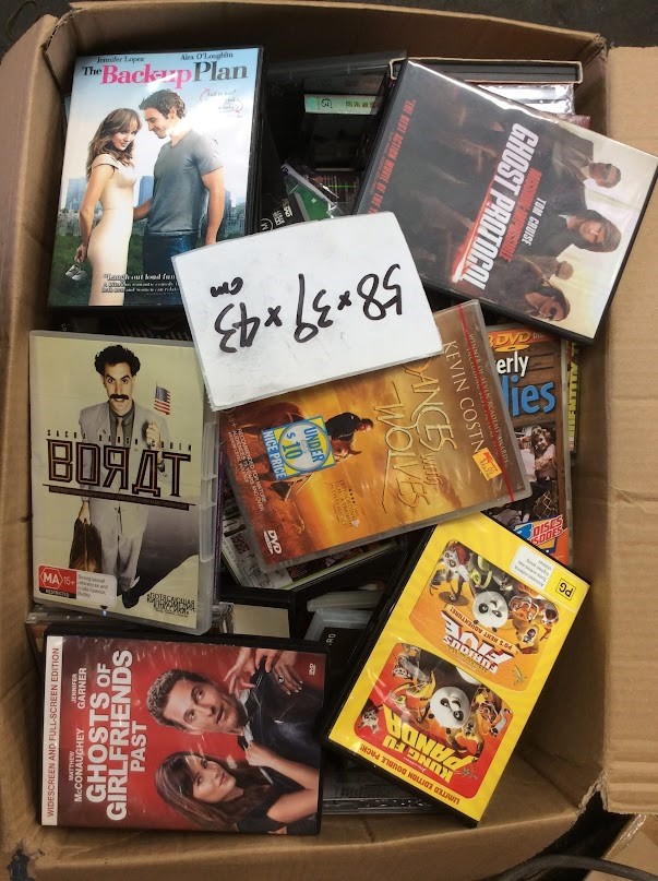 Mix Type DVDs/CDs with box dimensions are 58x39x43 cm