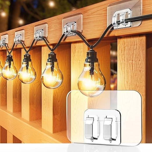 Hooks for Outdoor String Lights - 100 Pack with Adhesive Strips - No Damage