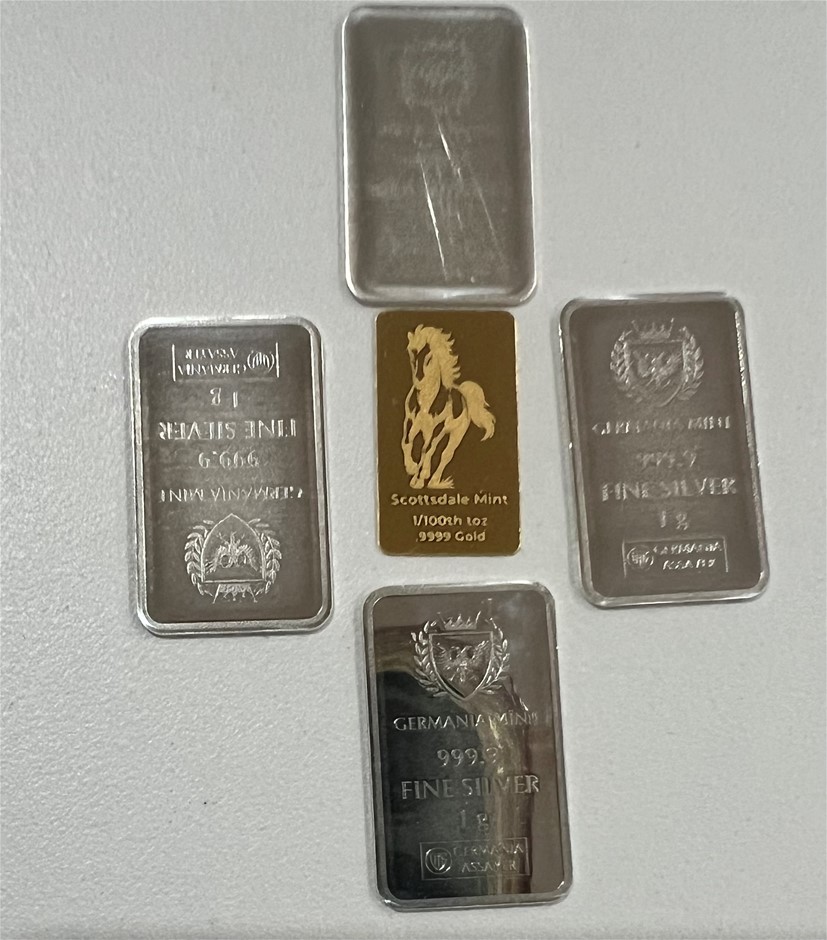 1/100 Scottdale gold bar & 1 Gram Germania Mint Silver Bar x 4