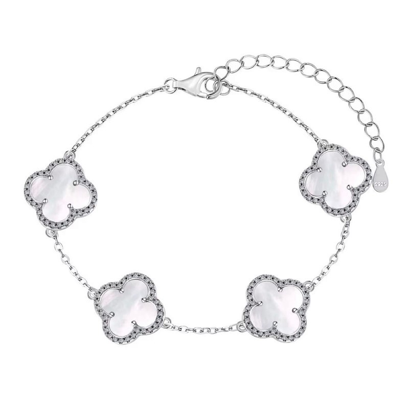 Shell Pearl Four Leaf Clover 925 Sterling Silver Tennis Bracelet