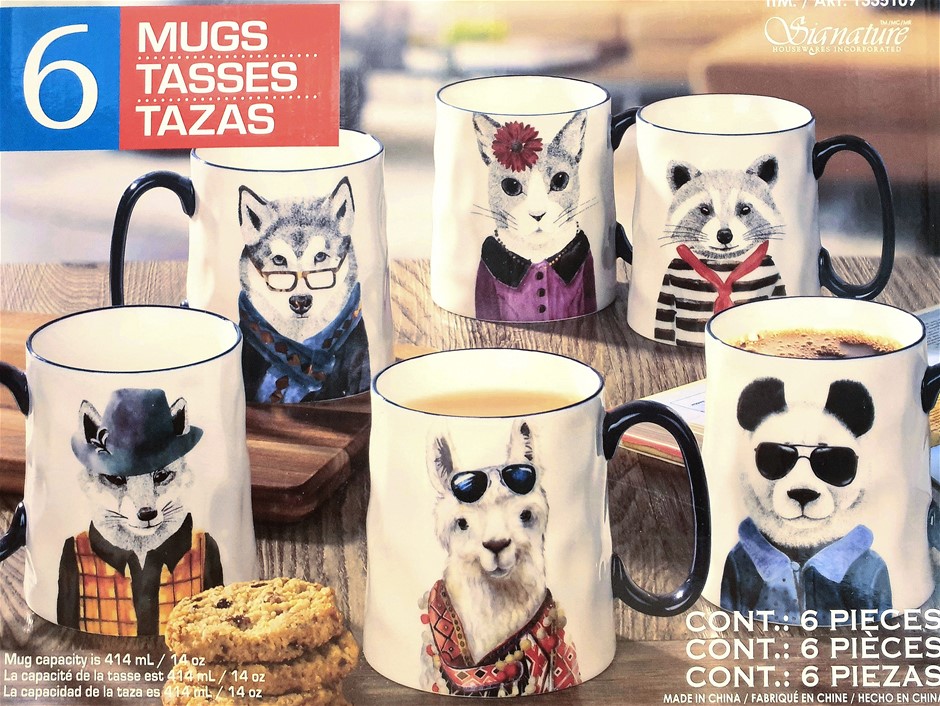SIGNATURE HOUSEWARES INCORPORATED 6pc Animal Mugs, 414ml. N.B: Damaged pack