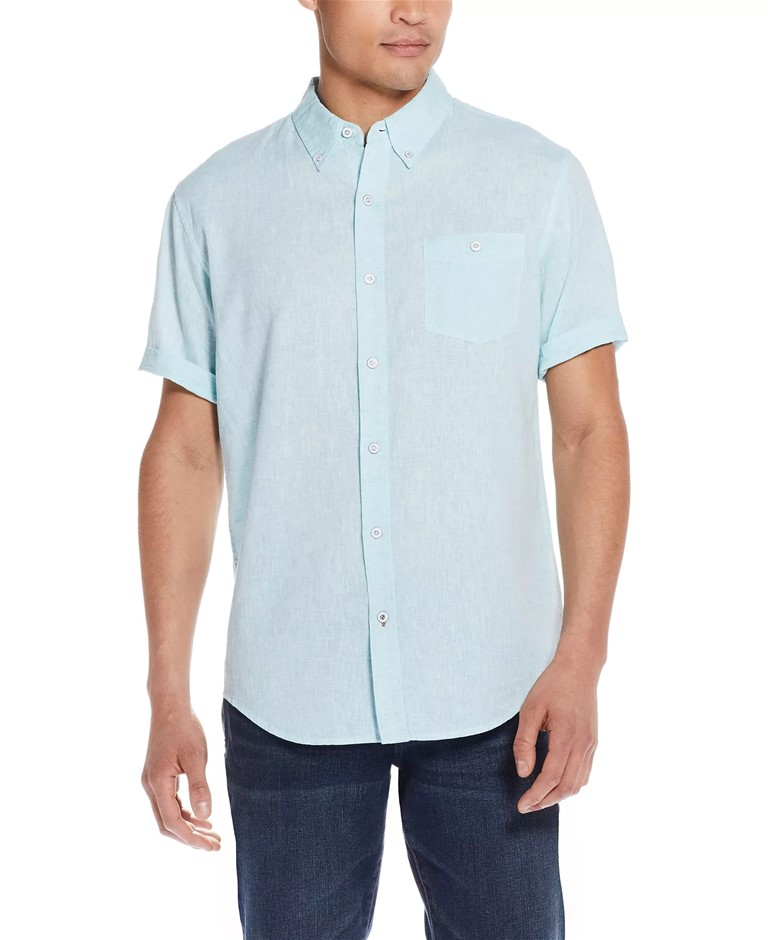 WEATHERPROOF Men's Linen S/S Shirt, Size 2XL, 55%Linen/45%Cotton, Blue. NB: