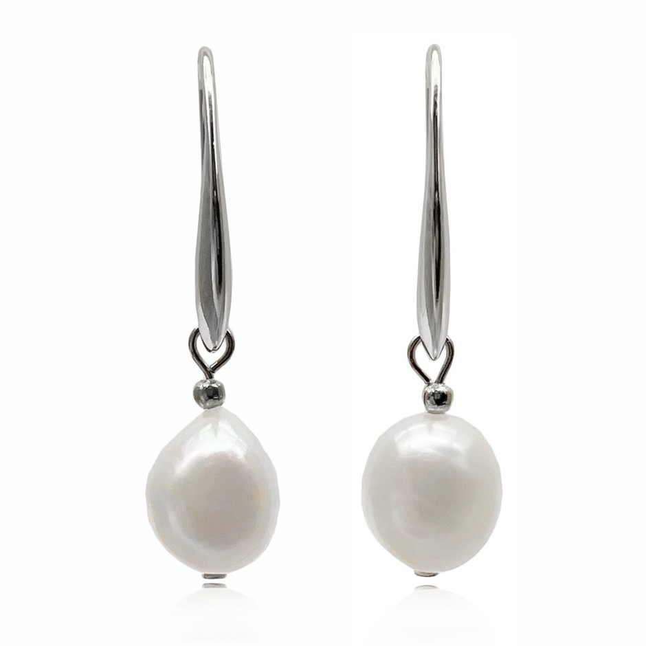 Flat Edge Baroque Pearl Platinum Plated Drop Earrings