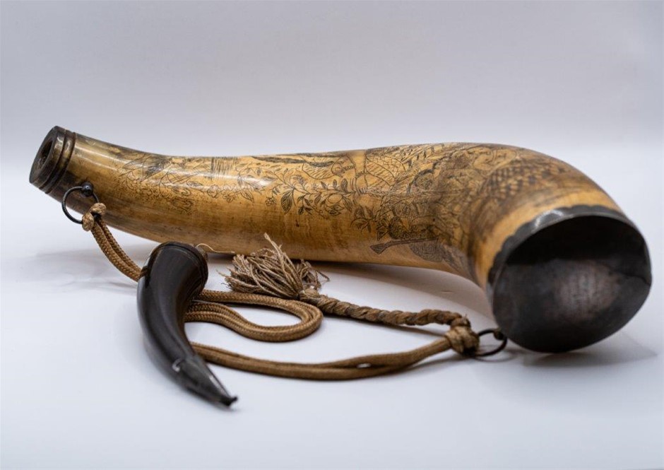 Powder Horn, 19th Century Large Horn With Silver (?) Cover On Wide End