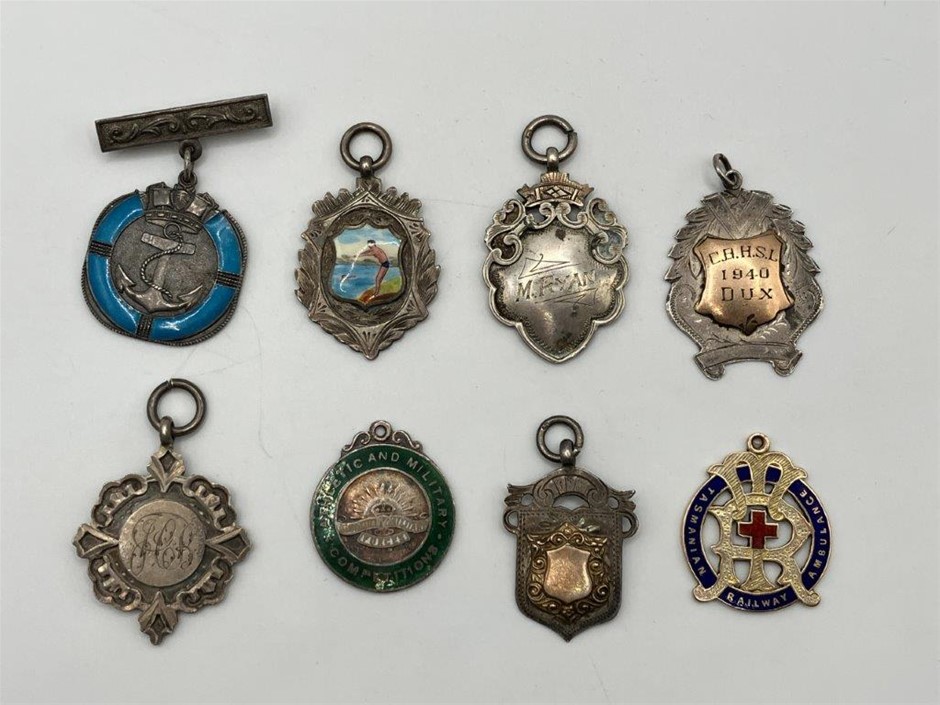 8 x Assorted AU Prize Fob Medals in Sterling Silver and 9ct Gold