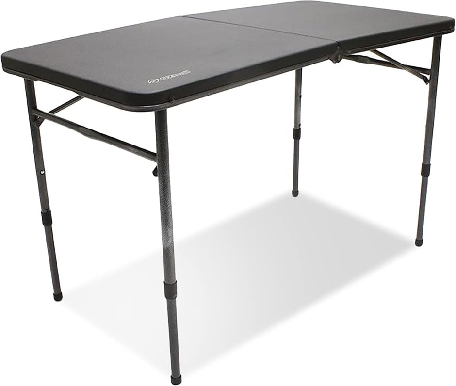 OZTRAIL Ironside 4 Foot 120cm Fold in Half Table (Black). NB: Minor scratch