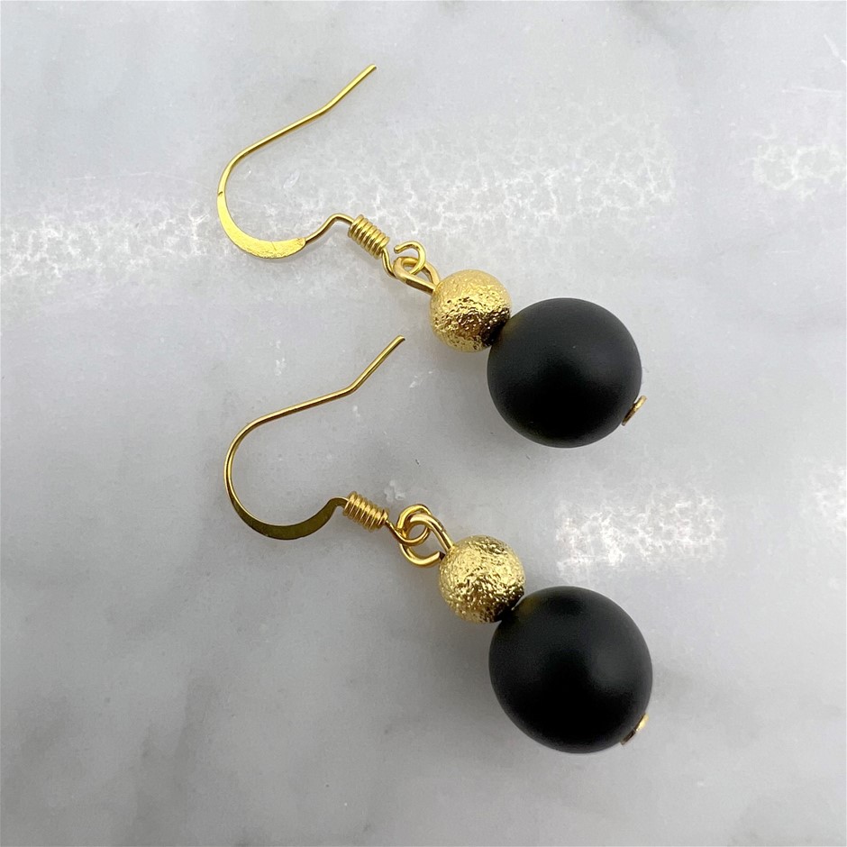 Frosted Black Agate Gemstone Gold Stardust Drop Earrings