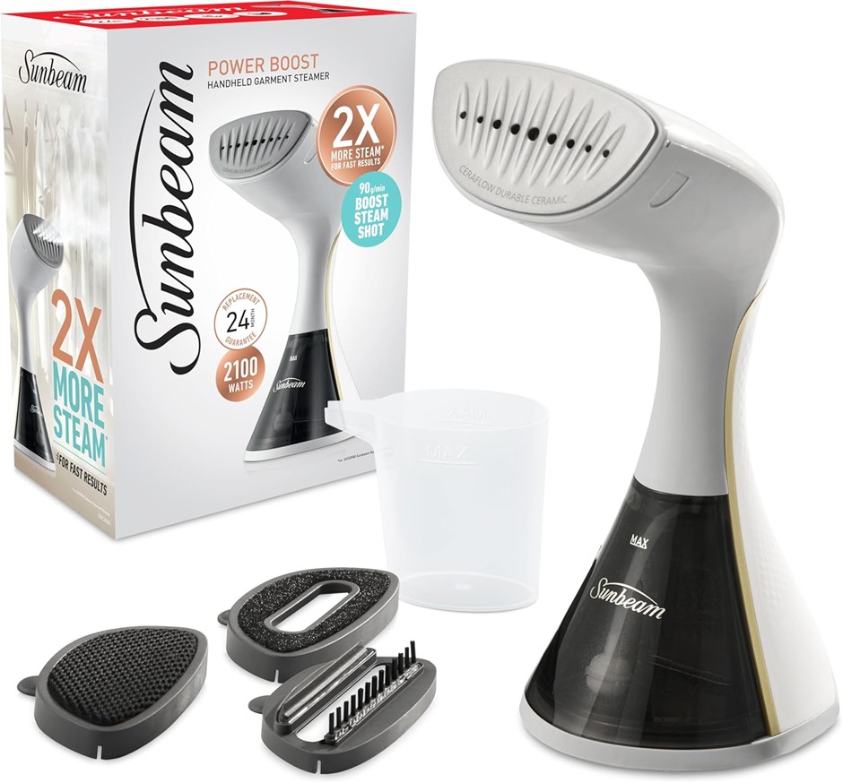 SUNBEAM Power Boost Handheld Garment Steamer, 2100W, 90g/Min, White & Gold,