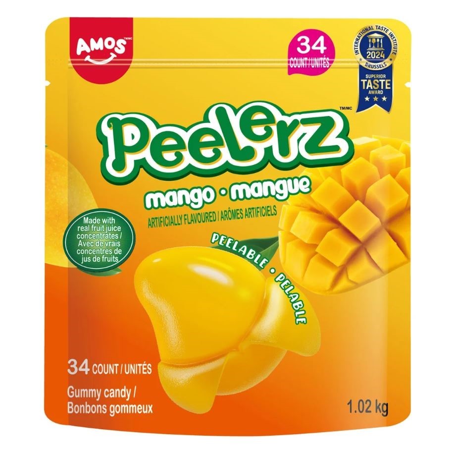 2 x Bag of 34pk AMOS Peelerz Peelable Mango Gummy Candy, 1.02kg. N.B: Damag
