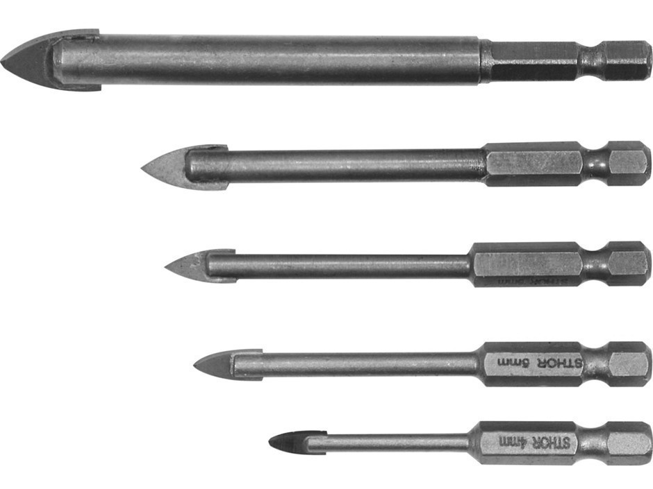 STHOR 5pc 1/4" Glass & Tile Drills Set, Sizes: 4-10mm.