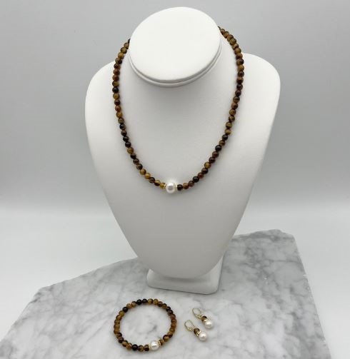 White Pearls Tiger Eye Gemstone Jewellery Jewellery Set