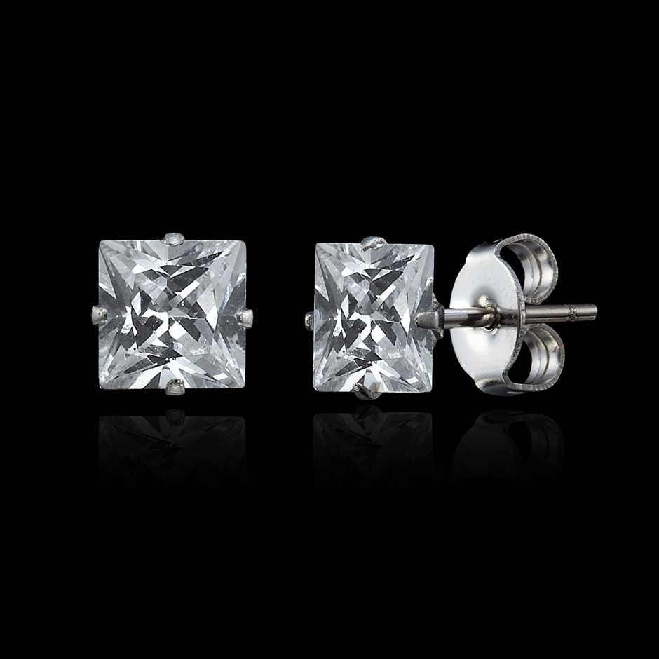Solid 925 Sterling Silver 6mm Square Stud Earrings Featuring 2 Crystals by