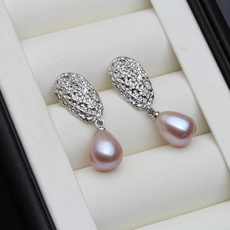 Designer Purple Floral Freshwater Pearl Drop Dangle Earrings in Silver