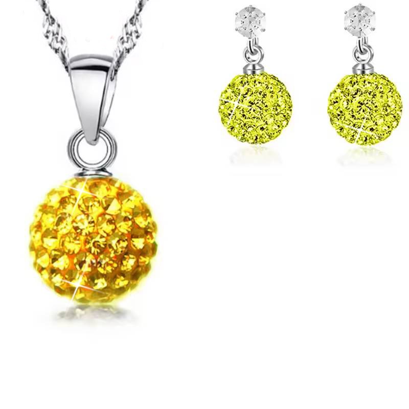 925 Sterling Silver Yellow Crystal Disco Ball Earring & Necklace Set